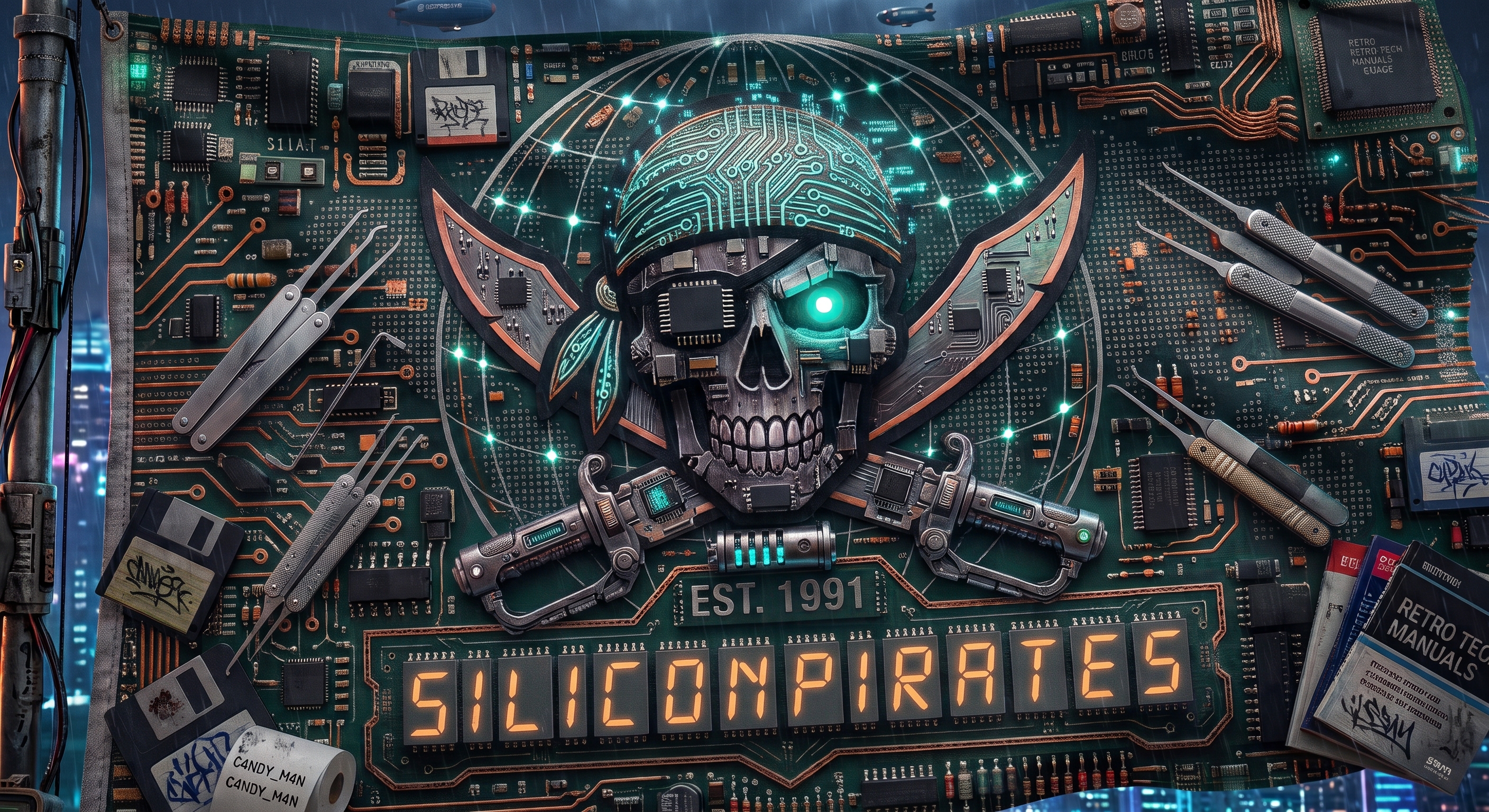 circuit board skull siliconpirates badge